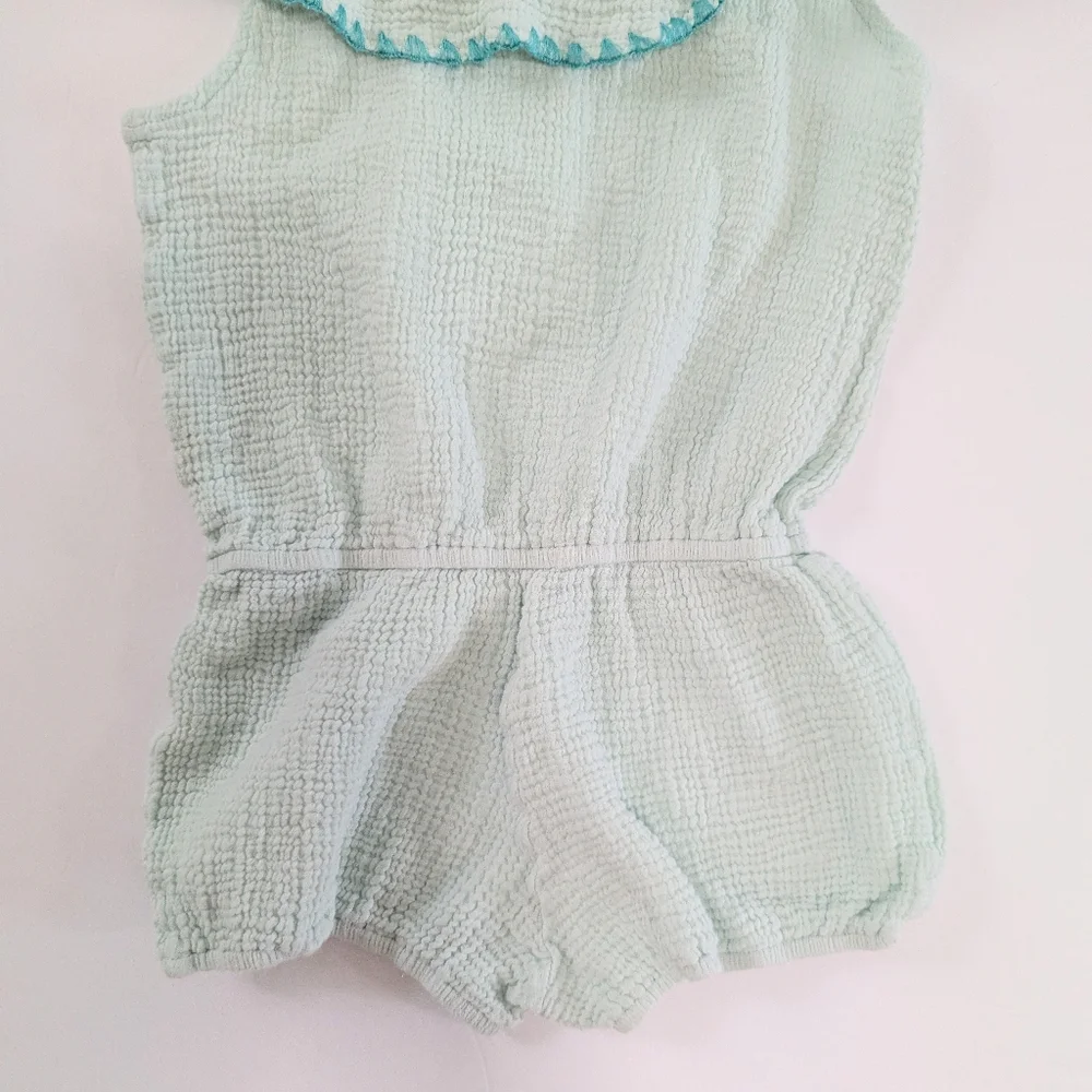 Eberjey Girls Nomad Off Shoulder Romper Ruffle Trim Shorts Gauzy Teal Blue 8